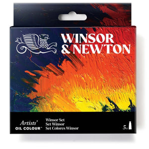 W&N Artists' Oil Colour 5x37ml Tubes Winsor Set packaging with vibrant abstract paint design.