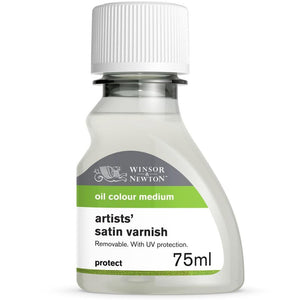 Winsor & Newton Artists' Satin Varnish 75ml bottle, UV resistant, protects oil paintings with non-yellowing, satin finish.