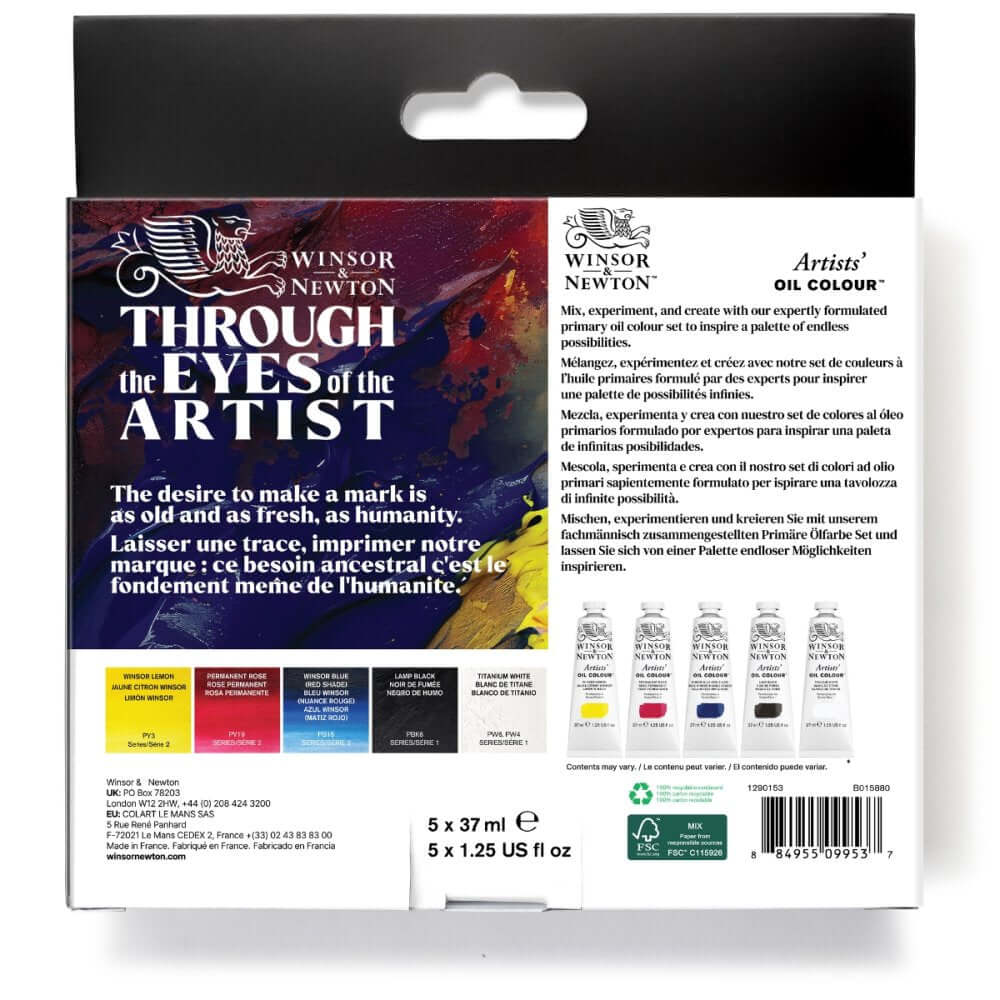 Back of W&N Artists' Oil Colour 5x37ml Tubes Primary Set packaging.