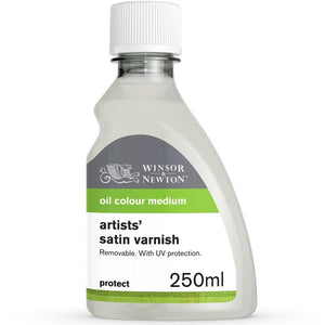 Winsor & Newton Artists' Satin Varnish 250ml bottle with UV protection, ideal for sealing oil paintings.
