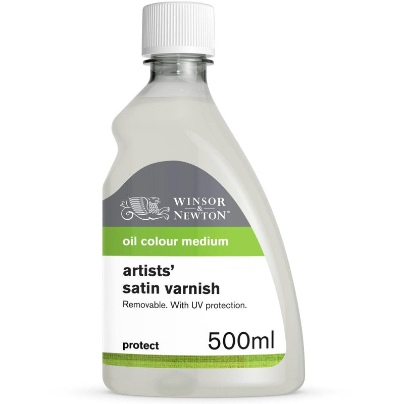 Winsor & Newton Artists' Satin Varnish 500ml bottle with UV protection for oil paintings, offering a balanced satin finish and protection.