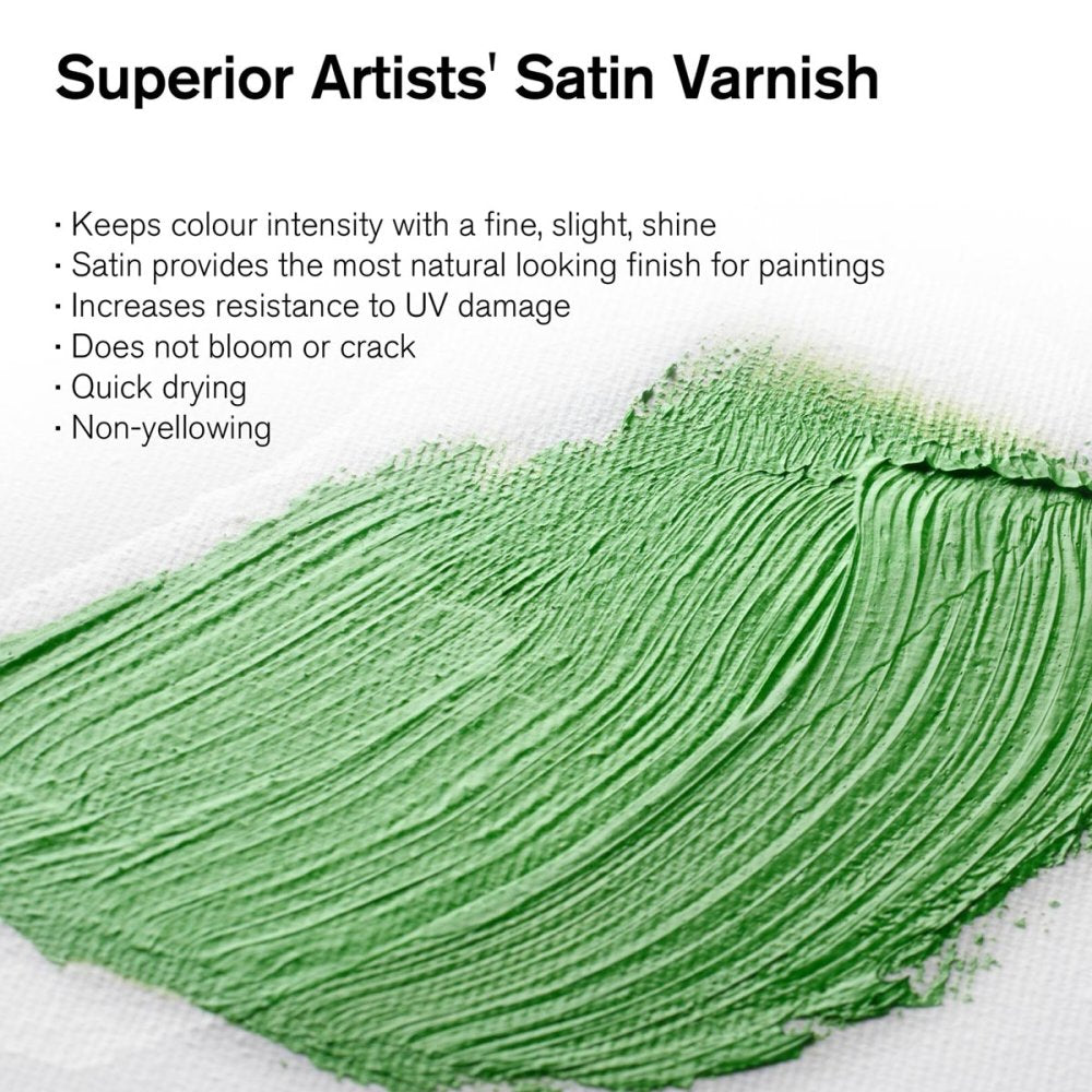 Green painted canvas demonstrating Winsor & Newton Artists' Satin Varnish benefits, including UV protection and non-yellowing finish.