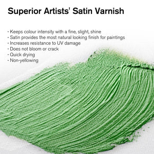 Green painted canvas demonstrating Winsor & Newton Artists' Satin Varnish benefits, including UV protection and non-yellowing finish.
