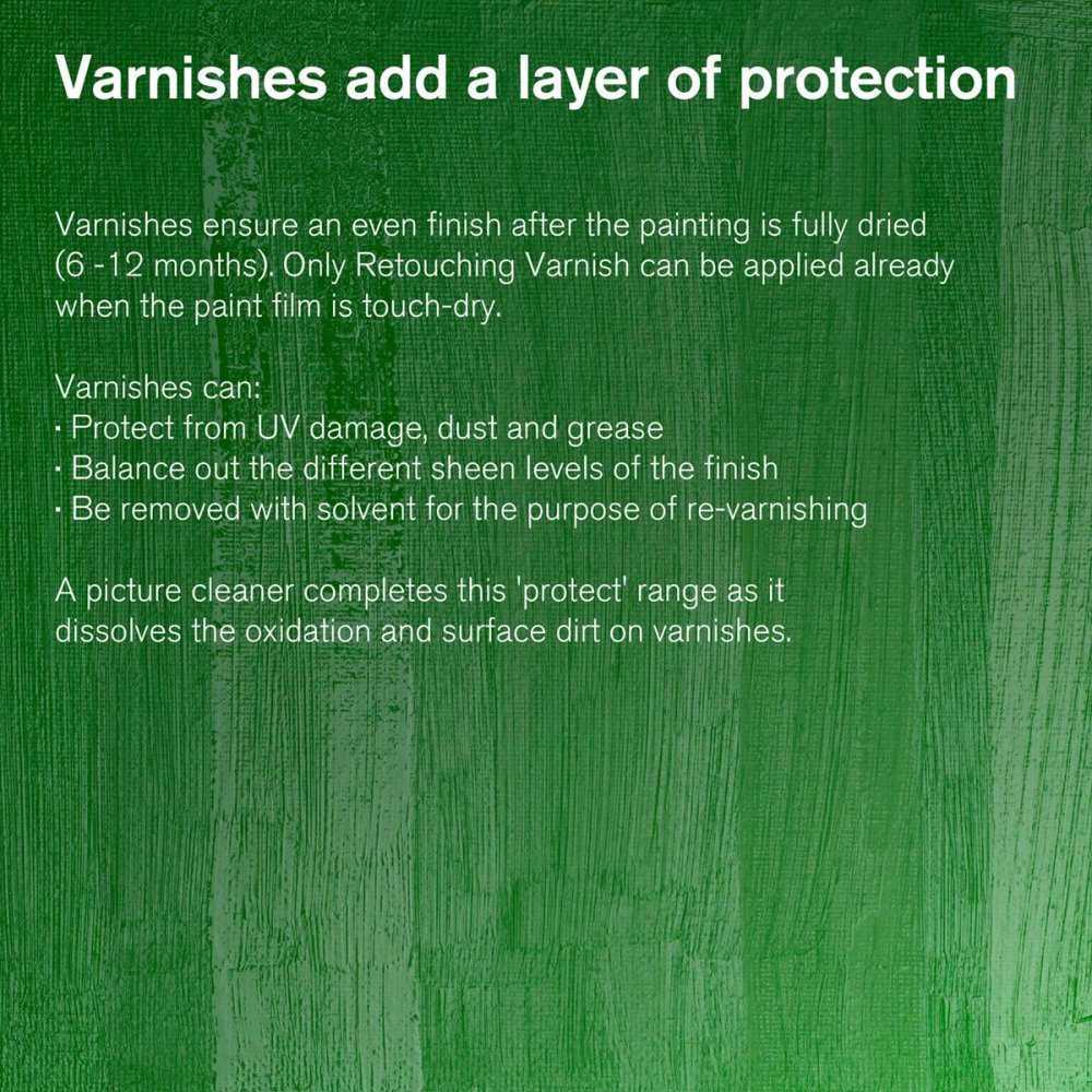 Text on green background about varnishes protecting paintings, mentioning UV damage prevention, finish balance, and re-varnishing ease.