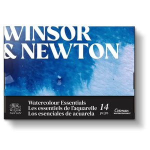 W&N Cotman Watercolour Essentials set with 14 pieces for artists, featuring vibrant blue design on packaging.