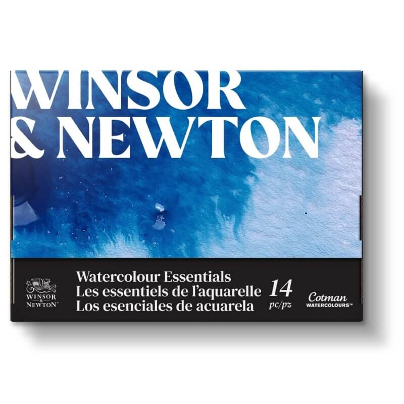 W&N Cotman Watercolour Essentials set with 14 pieces for artists, featuring vibrant blue design on packaging.