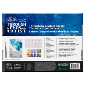W&N Cotman cardboard set featuring watercolour essentials, brushes, and vibrant 10x5ml tubes for artists.