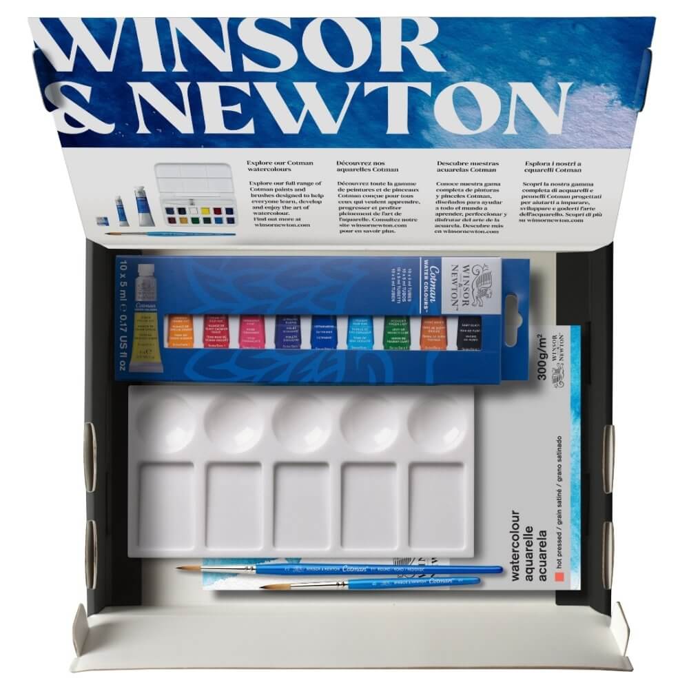 W&N Cotman watercolour paint set featuring 10x5ml tubes, brushes, palette, and paper, ideal for artists of all levels.