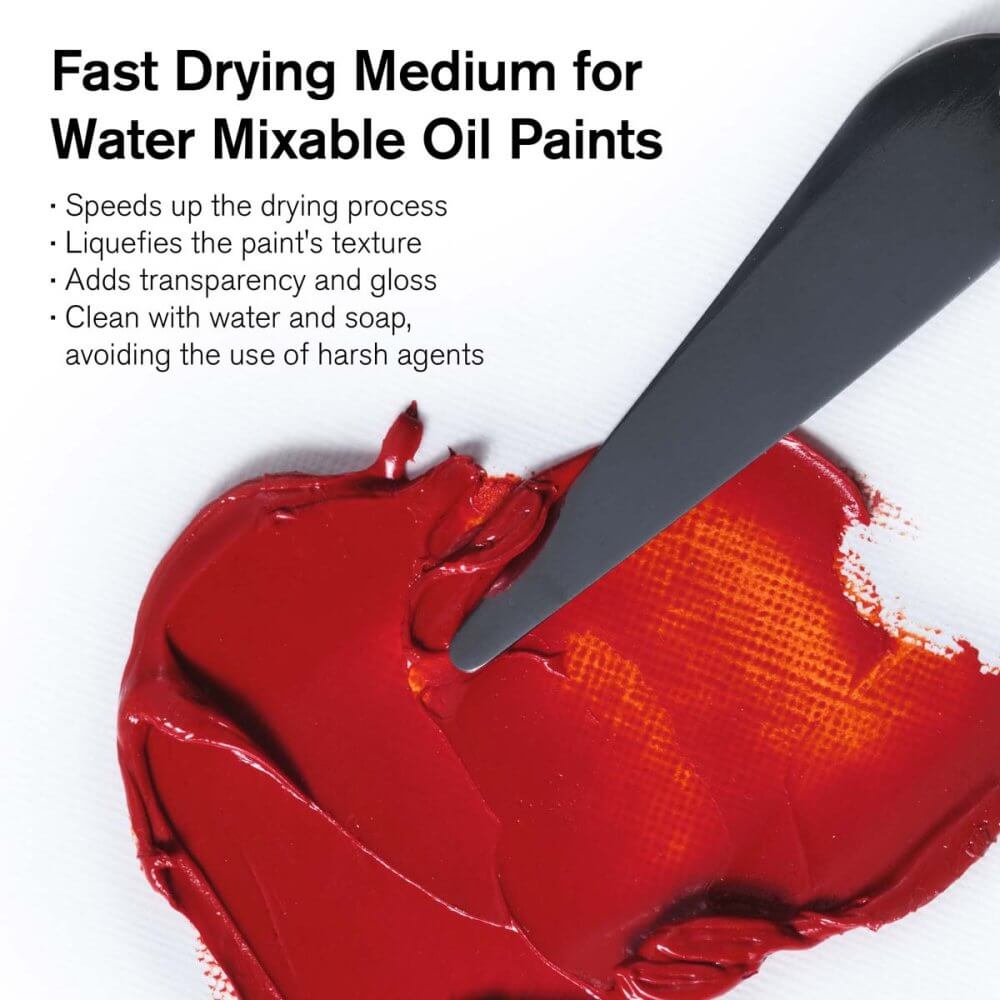 W&N Water Mixable Fast Drying Medium 250ml enhances fluidity, speeds drying, adds gloss, cleans with water, ideal for oil paints.