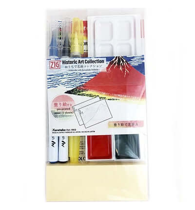 Kuretake Historic Art Collection Watercolour Kit - Hokusai with colors, paper, and tools for art recreation.