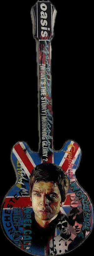 Mixed media 3D wall sculpture on Fender guitar shape, featuring British flag and portrait, acrylic/oil on MDF, coated in resin.