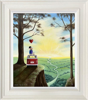 Where You Go, I Go by Michael Abrams — couple with dog on a van overlooking a sunset landscape