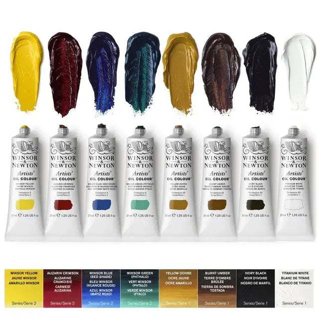 Winsor & Newton Artists' Oil Studio Case – 18 Piece Wooden Set showing 8 oil color tubes and paint swatches.
