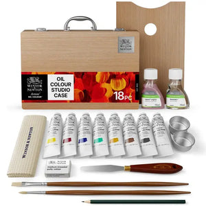 Winsor & Newton Artists' Oil Studio Case – 18 Piece Wooden Set with oil colors, brushes, and accessories