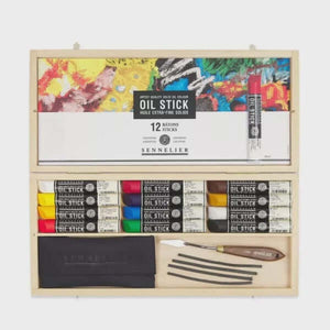 Sennelier Extra-Fine Oil Stick Wooden Box – 12 Colours, premium artist set with vibrant pigments and creamy texture for creative expression.