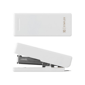 Compact white XS stapler with sleek design and minimalist appearance, shown closed and open.