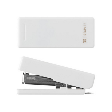 Compact white XS stapler with sleek design and minimalist appearance, shown closed and open.