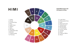 Colour chart of the 24 colours in the HIMI Solid Watercolour Set.