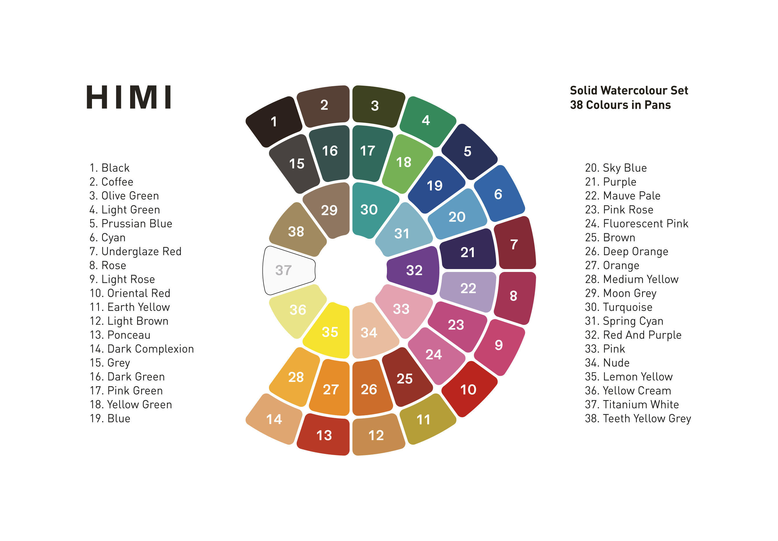 Colour chart of the 38 colours in the HIMI Solid Watercolour Set.