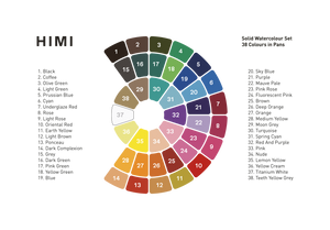 Colour chart of the 38 colours in the HIMI Solid Watercolour Set.