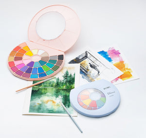 HIMI Solid Watercolour Set - 38 Colours + Brush (Pink Case) shown in use.