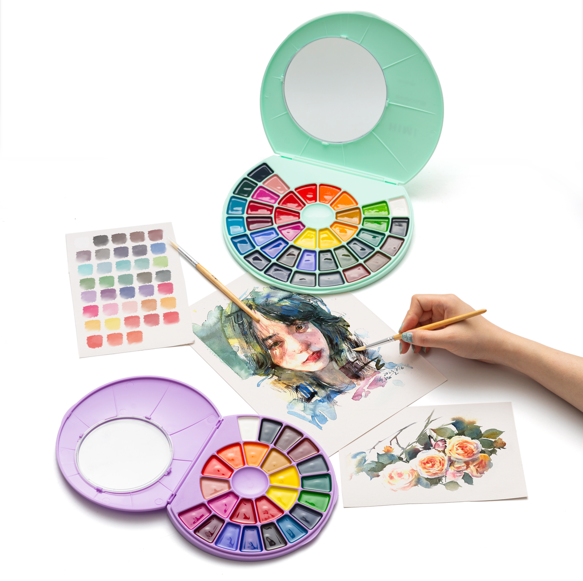 HIMI Semi-Moist Watercolour Set - 24 Colours + Brush (Purple Case) shown in use.