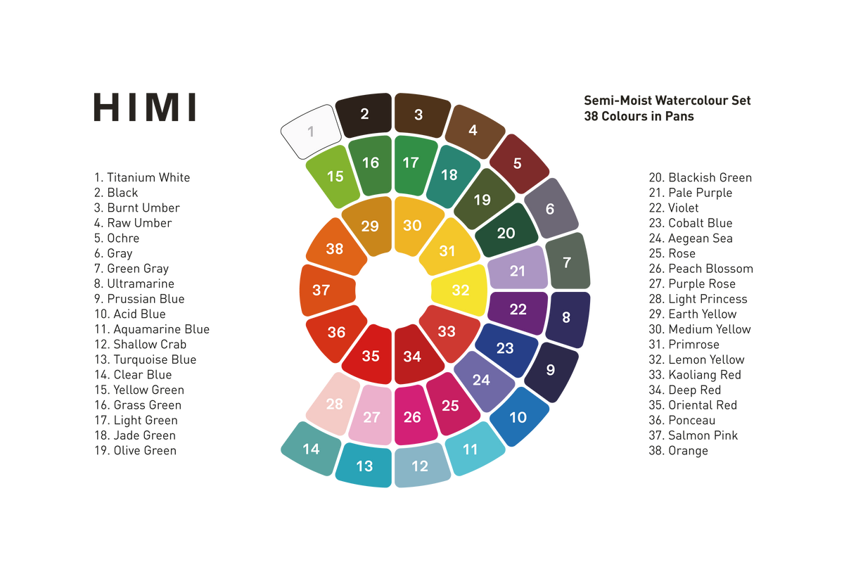 Colour chart of the 38 colours in the HIMI Semi-Moist Watercolour Set.