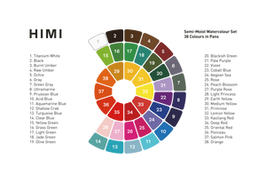 Colour chart of the 38 colours in the HIMI Semi-Moist Watercolour Set.