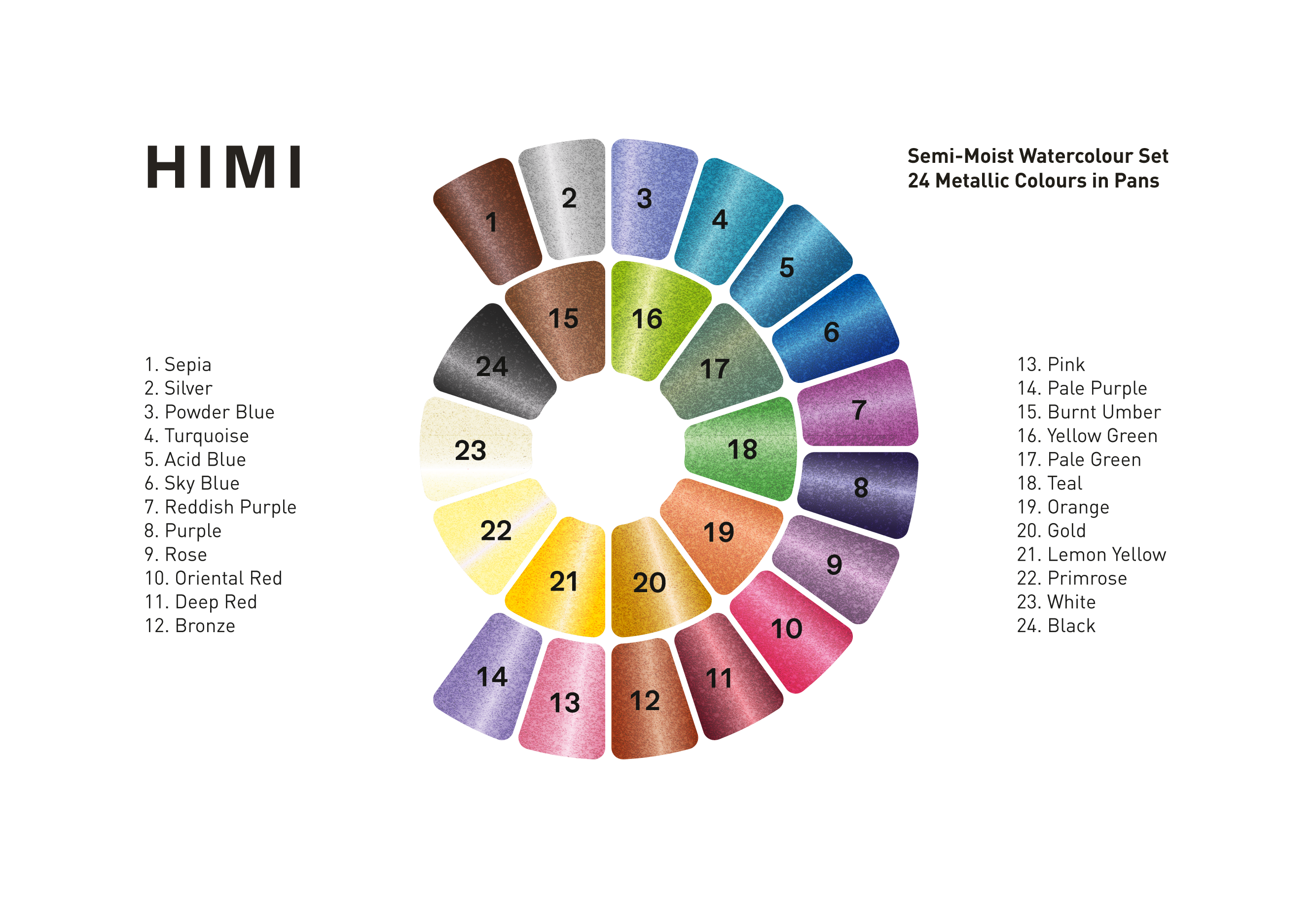 Colour chart of the 24 metallic shades in the HIMI Semi-Moist Watercolour Set Metallic Edition.