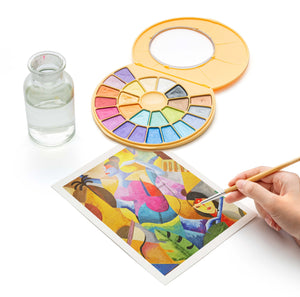 HIMI Semi-Moist Watercolour Set - 24 Colours + Brush (Yellow Case Metallic Edition) shown in use.