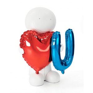  "You Have My Heart" sculpture by Doug Hyde, features a white figure holding a red heart and blue 'U' helium balloons, 9x12 inches.
