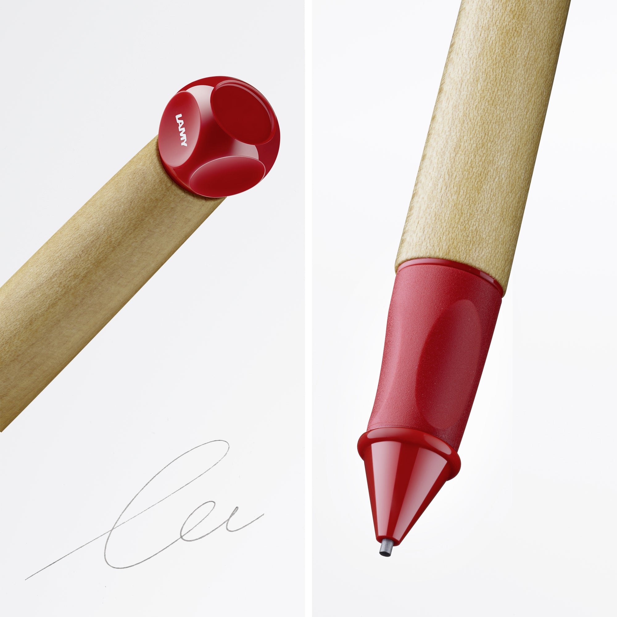 LAMY abc Mechanical Pencil with maple wood grip and red accents, designed for children's learning.