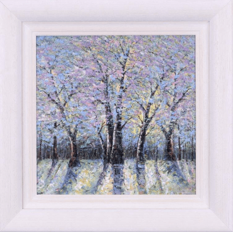 Awakening Light I by Inam, limited edition canvas artwork, 18x18 inches, framed in contemporary white, showcasing a vibrant landscape.