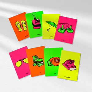 Bethge Luminous Art Edition, Box of 8 Greeting Cards with vibrant silkscreen prints depicting various playful icons.