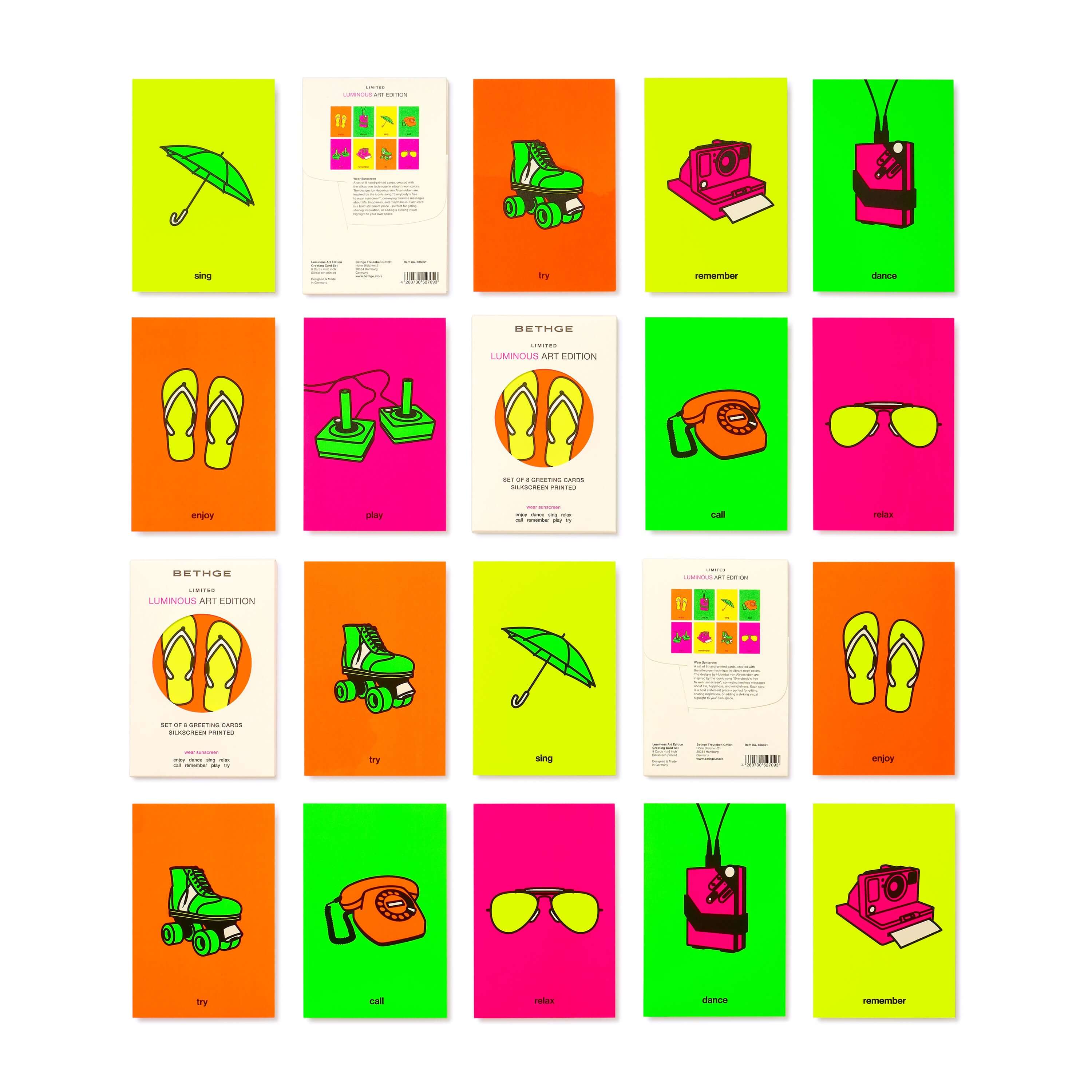 Colorful display of Bethge Luminous Art Edition, Box of 8 Greeting Cards with unique vibrant designs and patterns.