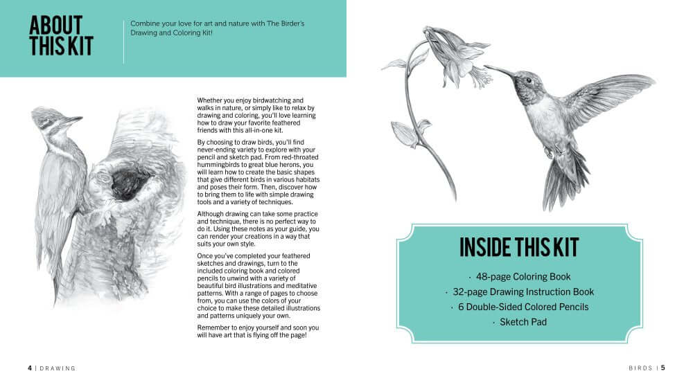 Open page of The Birder’s Drawing and Coloring Kit showing book details and bird illustrations.