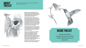 Open page of The Birder’s Drawing and Coloring Kit showing book details and bird illustrations.