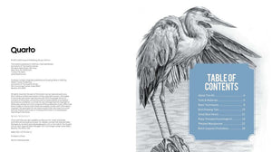 Illustration of a great blue heron from The Birder’s Drawing and Coloring Kit with table of contents displayed.