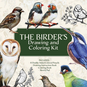 Cover of The Birder’s Drawing and Coloring Kit featuring illustrated birds and drawing tools