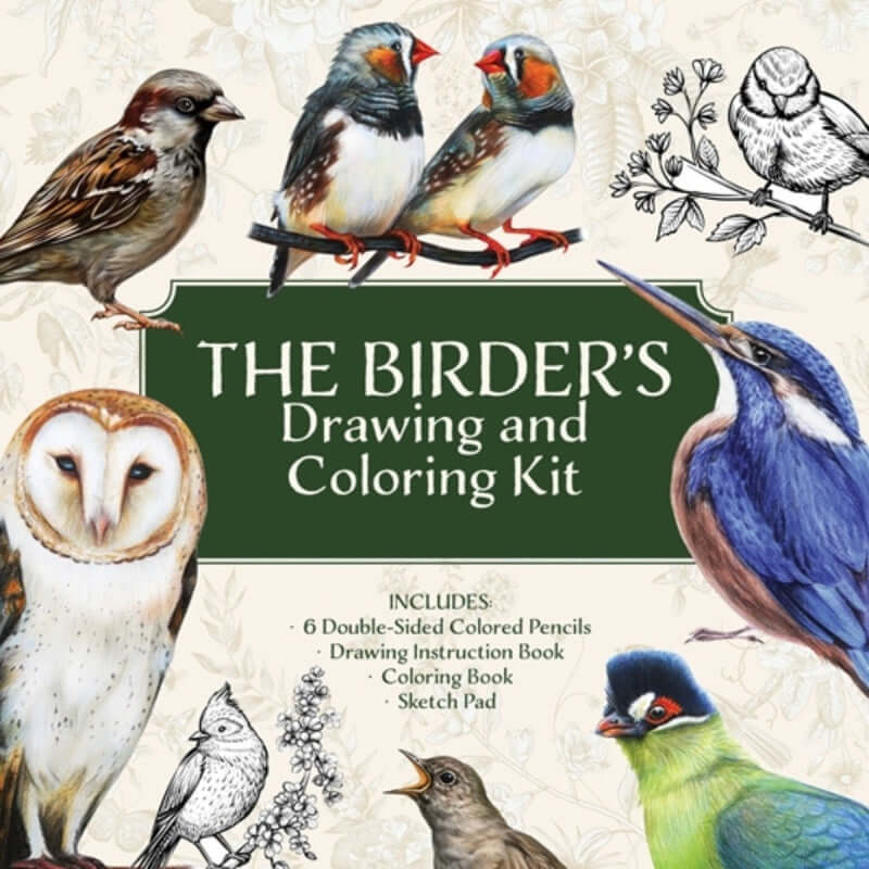 Cover of The Birder’s Drawing and Coloring Kit featuring illustrated birds and drawing tools