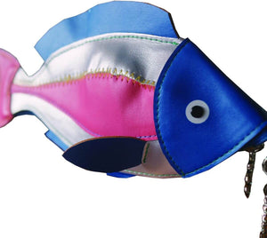 Blue Fish Shaped Zipped Pouch with Pink and White Stripes - Soft Touch Fun Organiser for Pens, Makeup, Tech Gear or Snacks