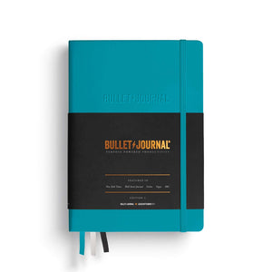 Leuchtturm Bullet Journal Edition 2 – Medium (A5) Hardcover, Turquoise25 with black band and white ribbons