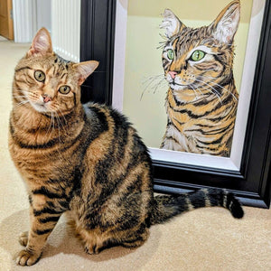 Bespoke pet portrait of a tabby cat by bradburyART with a framed painting in the background.