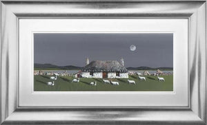 Coastal Croft by Nick Potter, hand signed limited edition canvas board, framed art with sheep under moonlit sky, 26 x 61 cm image.