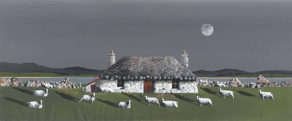 Coastal Croft by Nick Potter - Hand Signed Limited Edition Canvas with sheep and stone cottage under moonlight