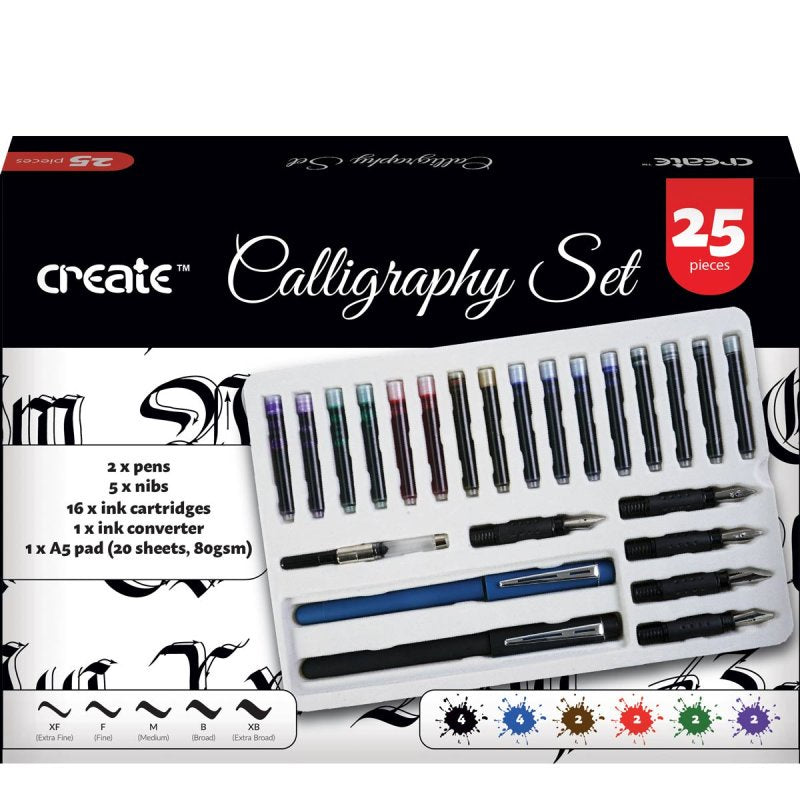 Create Calligraphy Set – 25 Piece with pens, nibs, ink cartridges, and a practice pad for beginners.