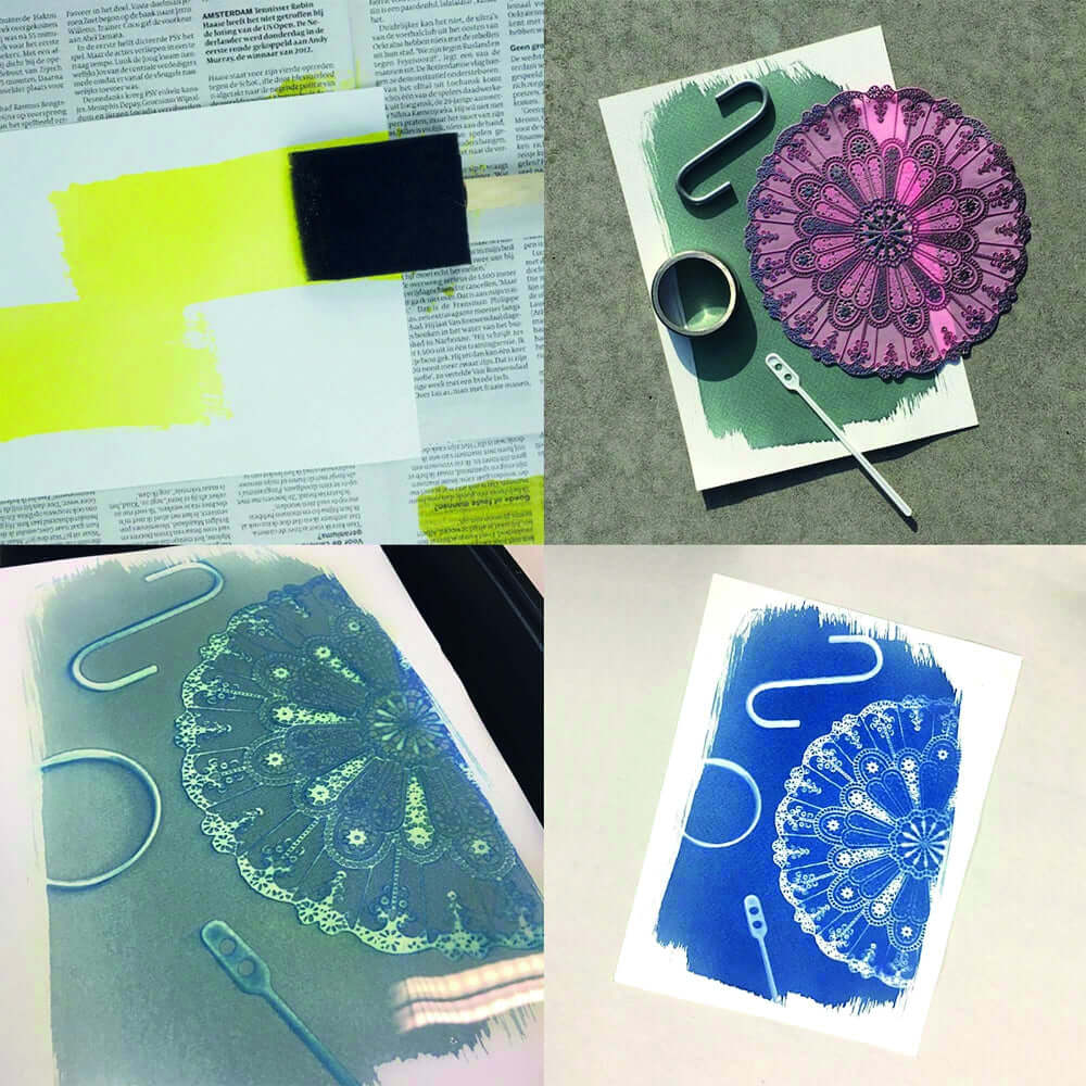 Cyanotype Fabric Kit – DIY Sun‑Print Blueprint Kit for Textile & Mixed‑Media Projects materials and sun-print results.