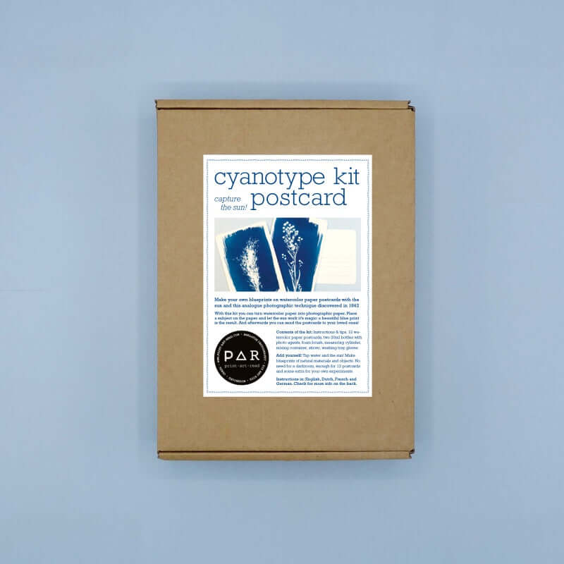 Cyanotype Postcard Kit – DIY Sun‑Print Blueprint Kit for Artists & Creatives packaging against a blue background.