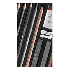 Caran d'Ache ART BY Sketching Set contents - Grafwood pencils, Technalo, Grafstone, charcoal pencil, Grafcubes and accessories