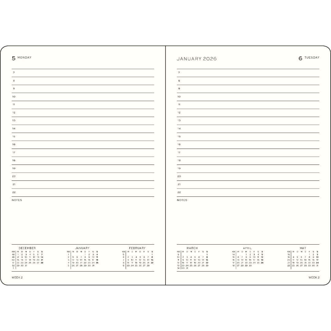 Open page view of Leuchtturm Daily Planner 2026 showing A5 format with lined spaces for notes and schedules, January dates visible.